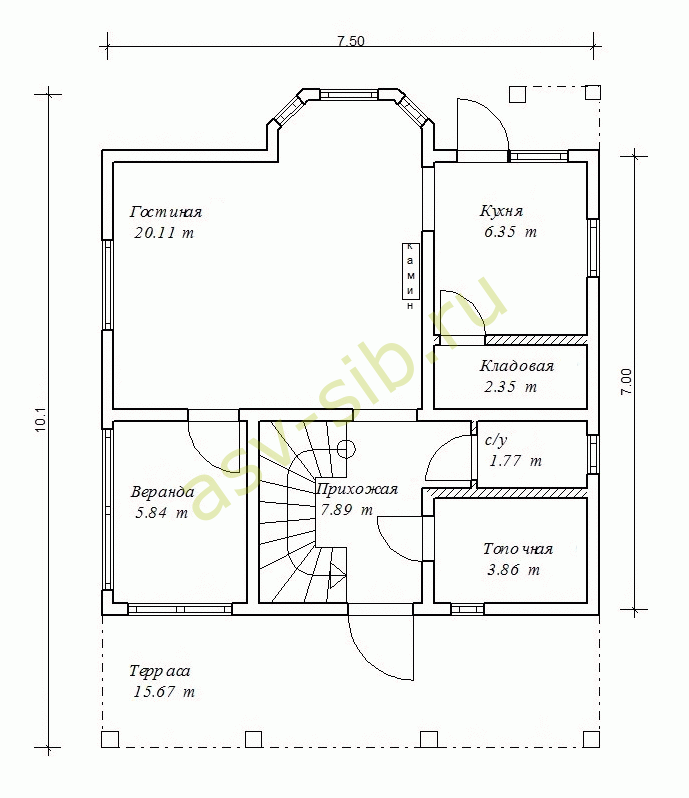 План первого этажа дачного дома из бруса с террасой, проект Б107-86